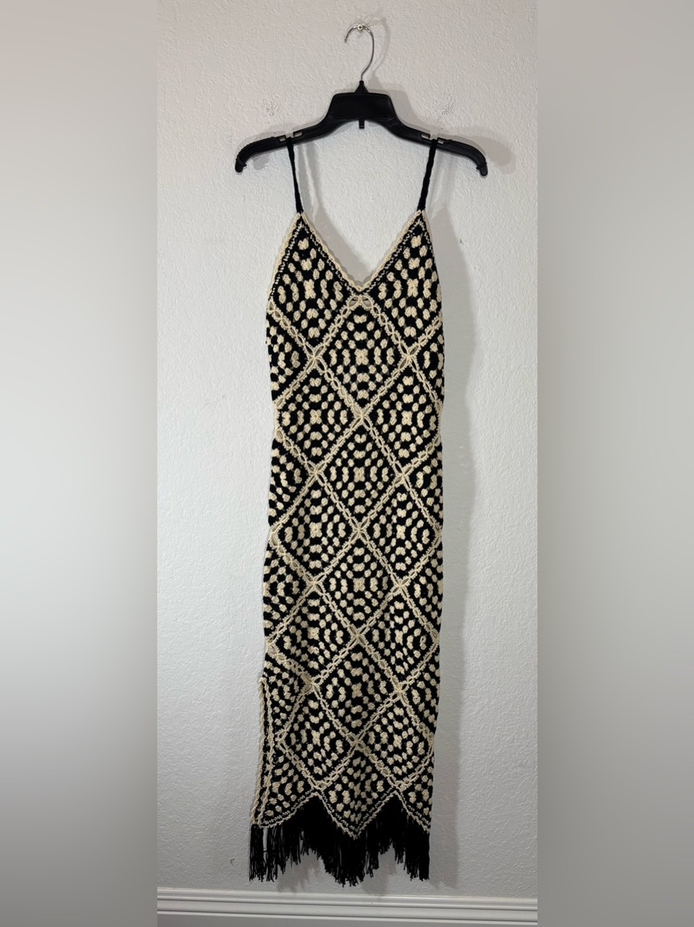 Elan Crochet Maxi Cover Up Dress Size Small Black Off White Cream Fringe NWT - Picture 6 of 15